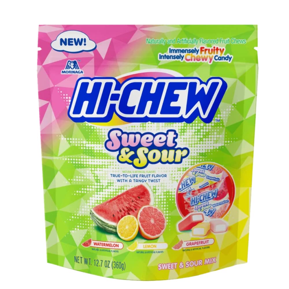 Hi-Chew Chewy Fruit Candies SWEET & SOUR Mix Flavors Stand-Up Bag 12.7 Oz. with Adorable Storage Bag Clip (Sweet & Sour Mix (Watermelon, Lemon
