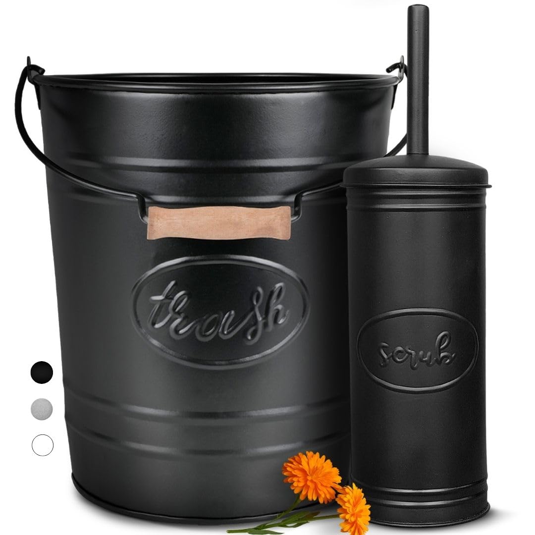 Autumn Alley Farmhouse Bathroom Trash Can and Toilet Brush Set - Rustic Bathroom Accessories for Charming Bathroom Décor, Matte Black Heavy Gauge