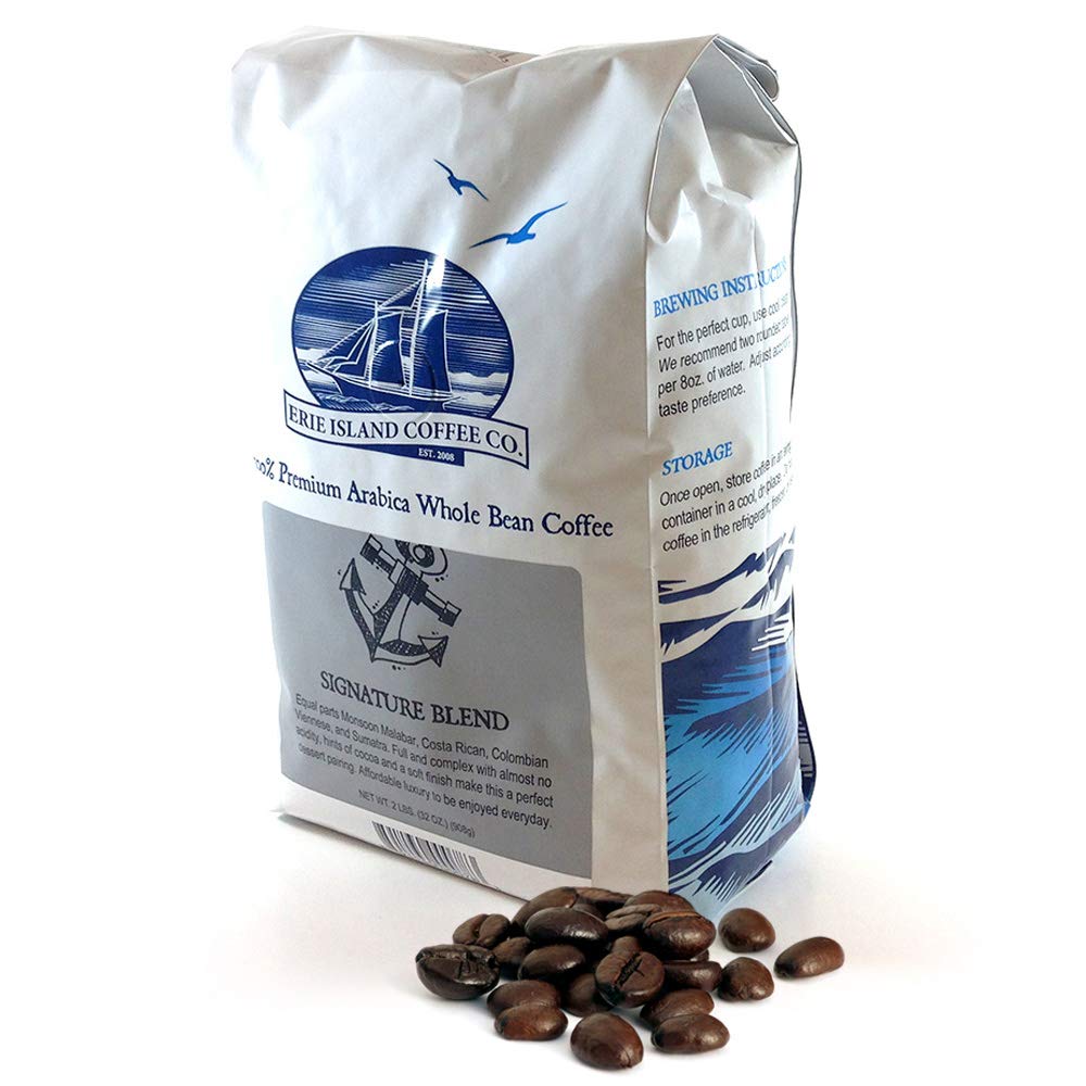 Erie Island Coffee, Whole Bean Signature Blend, Medium Roast, 2 LB. Bag, Flavorful Blend of Monsoon Malabar, Costa Rican, Columbian, Viennese