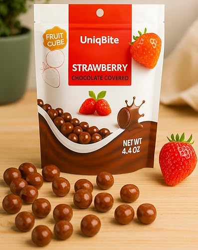 UNIQBITE Milk Chocolate Covered Strawberry Cubes, 4.4 oz (125g), Strawberry Dragee Candy, Resealable Bag