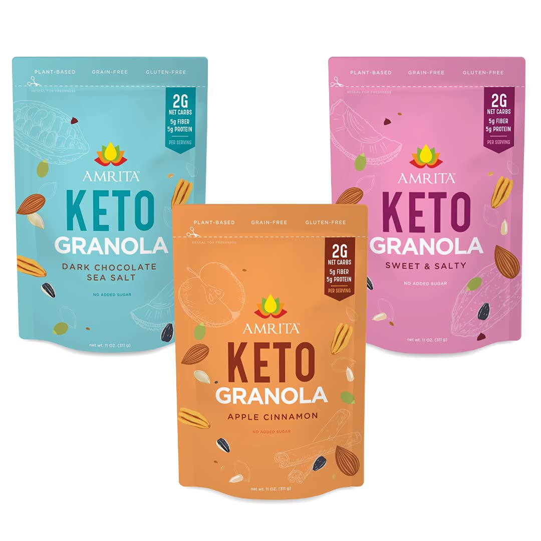 Amrita Keto Granola Cereal Variety Pack, 3 Flavors (33oz) | 2g Net Low Carb Granola, No Added Sugar | Grain Free, Peanut Free, Soy Free, Gluten Free
