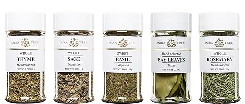 India Tree Kitchen Herb Essentials Gift Pack - 5 Jars of Mediterranean Thyme, Dalmatian Sage, California Basil, Turkish Bay Leaves, and Mediterranean