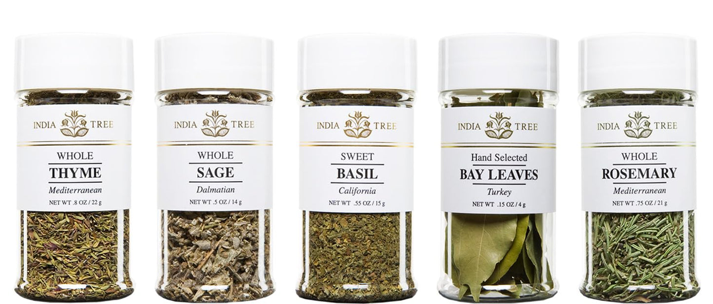 India Tree Kitchen Herb Essentials Gift Pack - 5 Jars of Mediterranean Thyme, Dalmatian Sage, California Basil, Turkish Bay Leaves, and Mediterranean