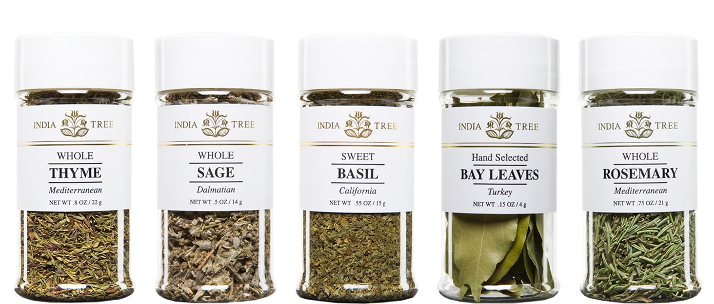 India Tree Kitchen Herb Essentials Gift Pack - 5 Jars of Mediterranean Thyme, Dalmatian Sage, California Basil, Turkish Bay Leaves, and Mediterranean