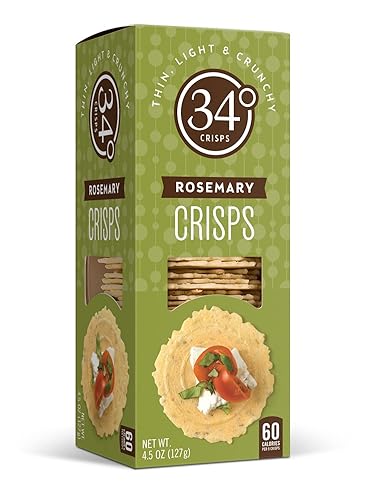 34 Degrees Rosemary Crisps | Light & Crunchy Thin Crackers for Charcuterie, Cheese Boards & Entertaining, Single Pack (4.5oz)