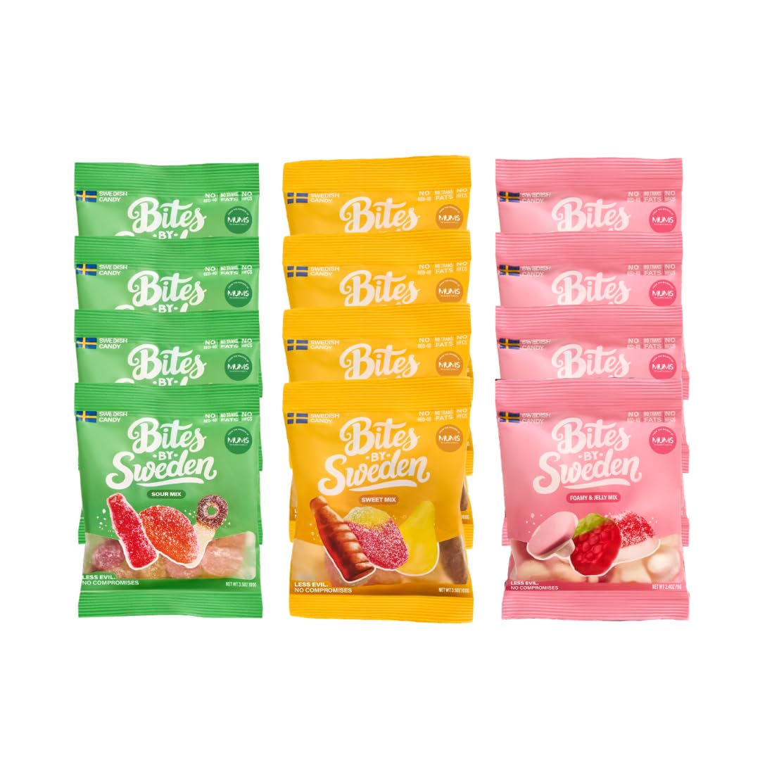 Bites By Sweden Swedish Candy Mix, Gummy Candy, No Trans Fat, No Red-40, No High Fructose Corn Syrup, 3.5oz, 12 Bags (Small, Variety Pack)
