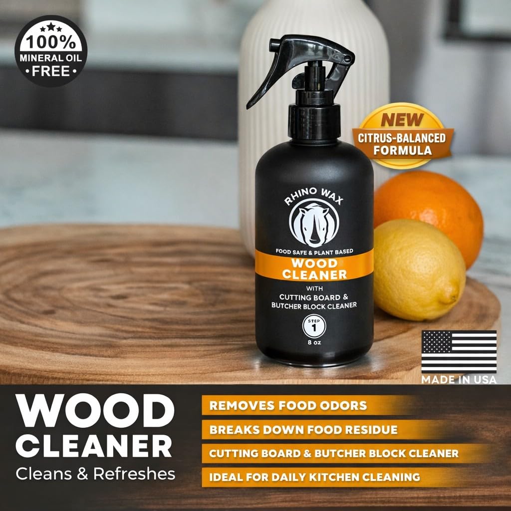 Rhino Wax Wood Cleaner Spray - Cutting Board & Butcher Block Cleaner - Natural Vinegar Citrus Wood Surface Cleaner for Kitchen Wood Countertops