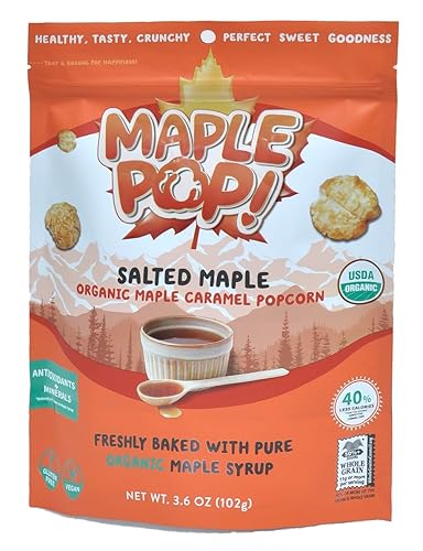 Maple Pop! Organic Maple Caramel Popcorn - Low Sugar, High Fiber, Air Popped, Vegan & Gluten Free - Made with Real Maple Syrup (Salted Maple, Pack