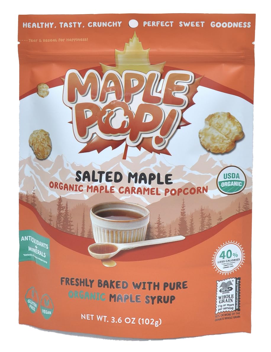 Maple Pop! Organic Maple Caramel Popcorn - Low Sugar, High Fiber, Air Popped, Vegan & Gluten Free - Made with Real Maple Syrup (Salted Maple, Pack