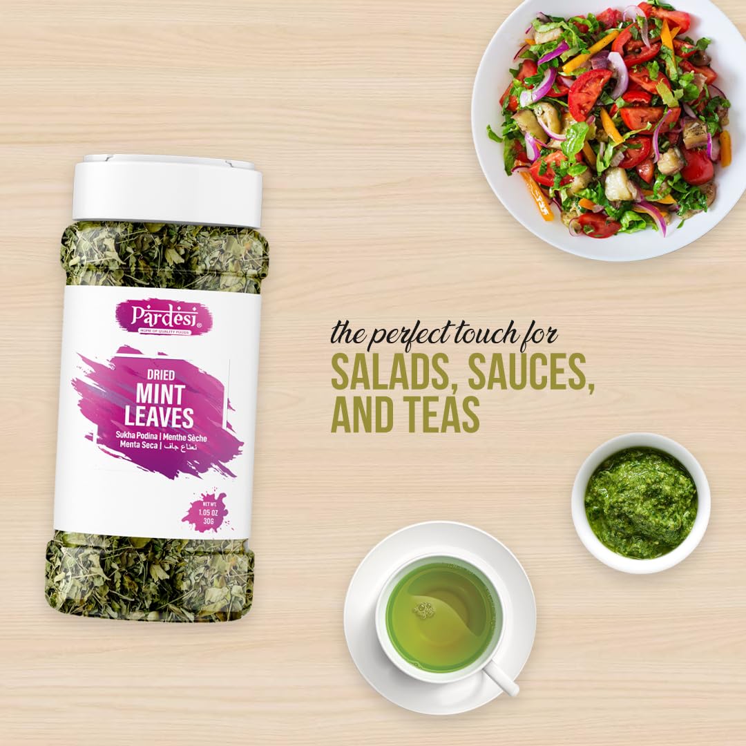 Pardesi Dried Mint Leaves (Pudina) 30g - Crushed Peppermint for Chutney, Raita, Tea & Seasoning | Halal, Non-GMO, Vegan | Dual-Cap Jar