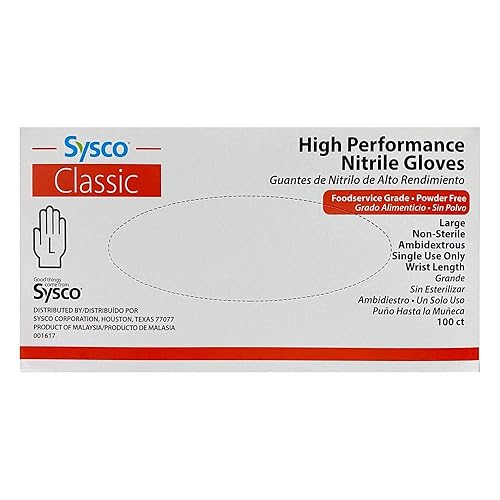 SYSCO HIGH Performance Nitrile Gloves Large Powder Free, Blue, Clear, 100 Count