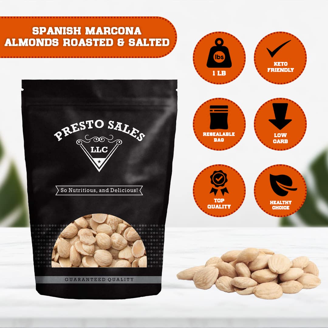 Presto Sales Almonds, Marcona Spanish Roasted Salted Whole 16 oz. | Queen of Almonds, Vegan, great for all ages | Moister, Softer, Rounder, Shorter