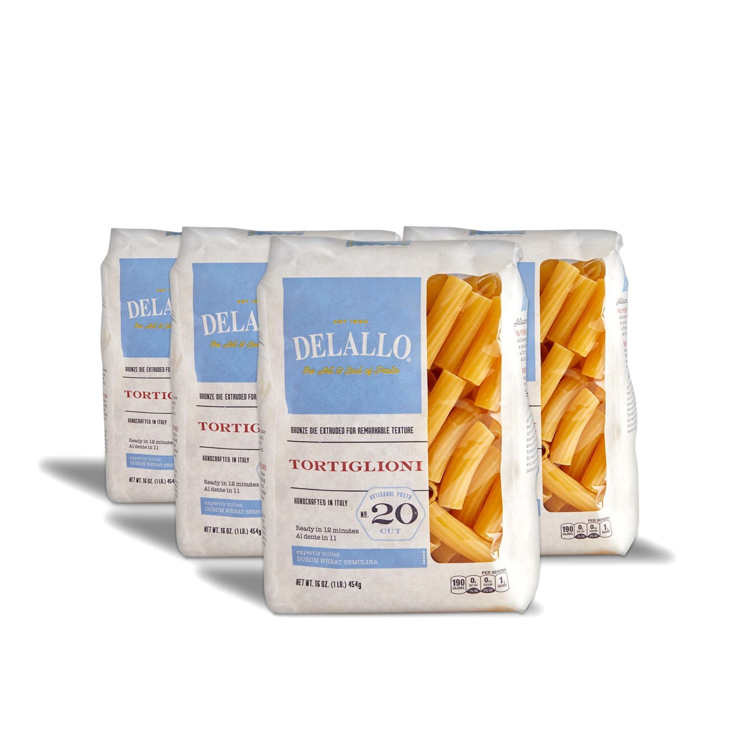 DeLallo Tortiglioni Pasta, 1 Pound Bag, 4 Pack, Tube Shape, Made with Durum Wheat Semolina Flour, Imported from Italy, Cooks in 9 Minutes, Non-GMO
