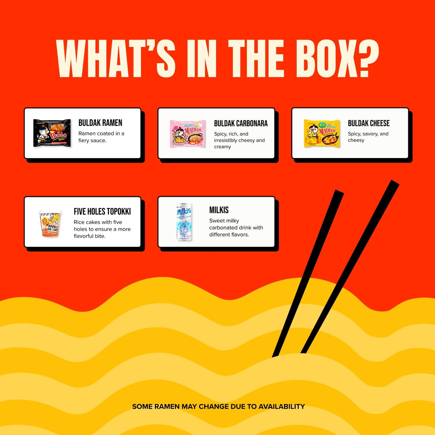 Korean Spicy Ramen Box | 3 Buldak Ramen “Original, Cheese, Carbo +1 Korean Spicy Rice Cake Tteokbokki +1 Korean Sweet Drink + 4 Chopsticks | Korean