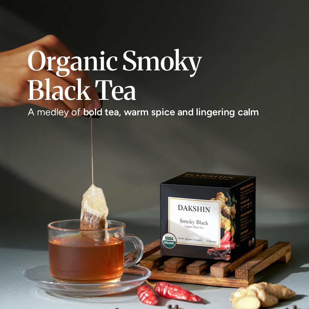 DAKSHIN Organic Smoky Black Tea Bags | Spiced with Ginger, Cloves, Black Pepper & Chilli | Bold Immunity & Energy Tea | USDA Organic | 16 Tea Bags