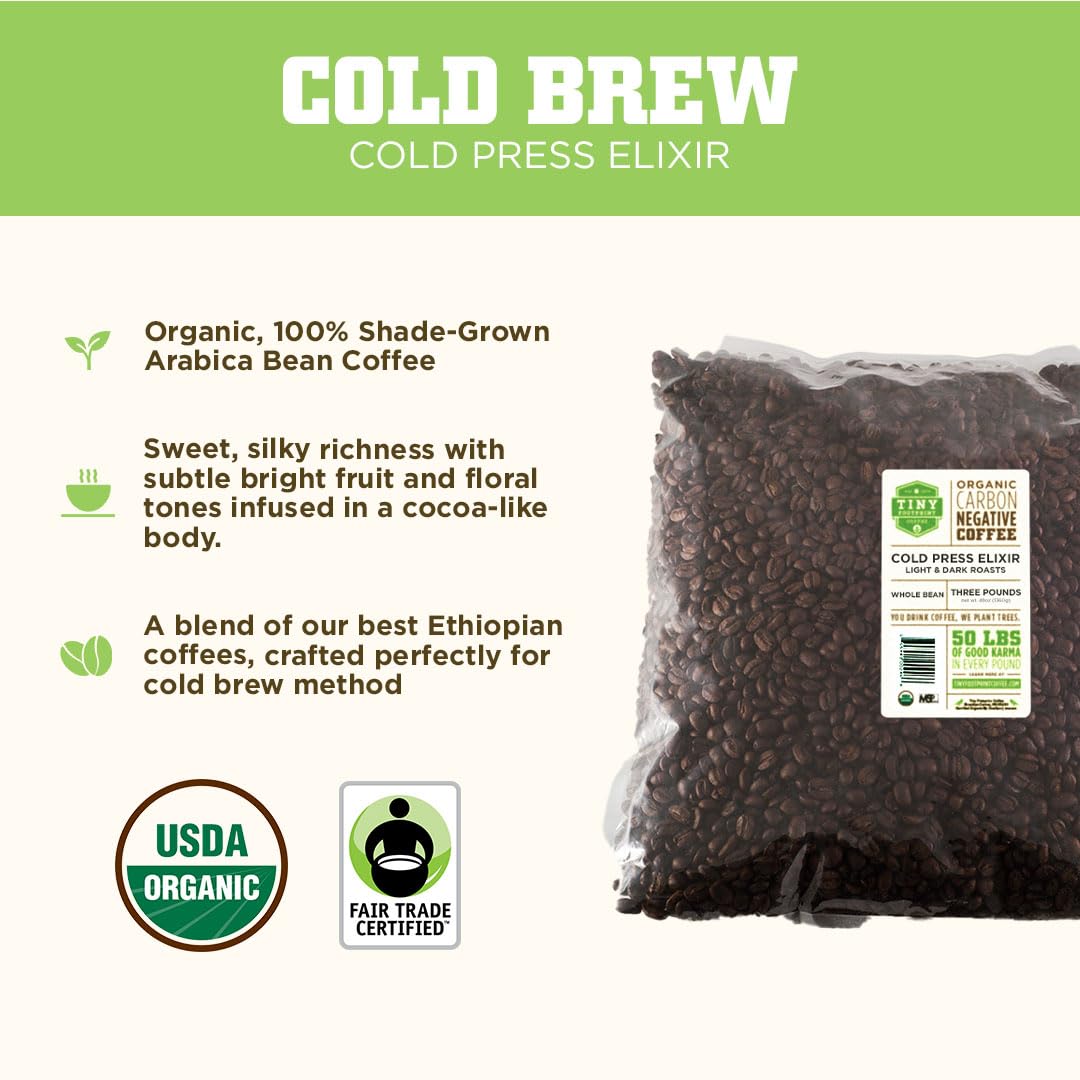 Tiny Footprint Coffee - Organic Cold Press Elixir Cold Brew | Blend of Light & Dark Roasts, Whole Bean Coffee | Fair Trade, Shade Grown & Carbon