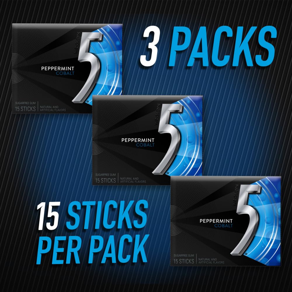 5 GUM Peppermint Cobalt Sugar Free Chewing Gum Bulk, 15 Ct (3 Pack)