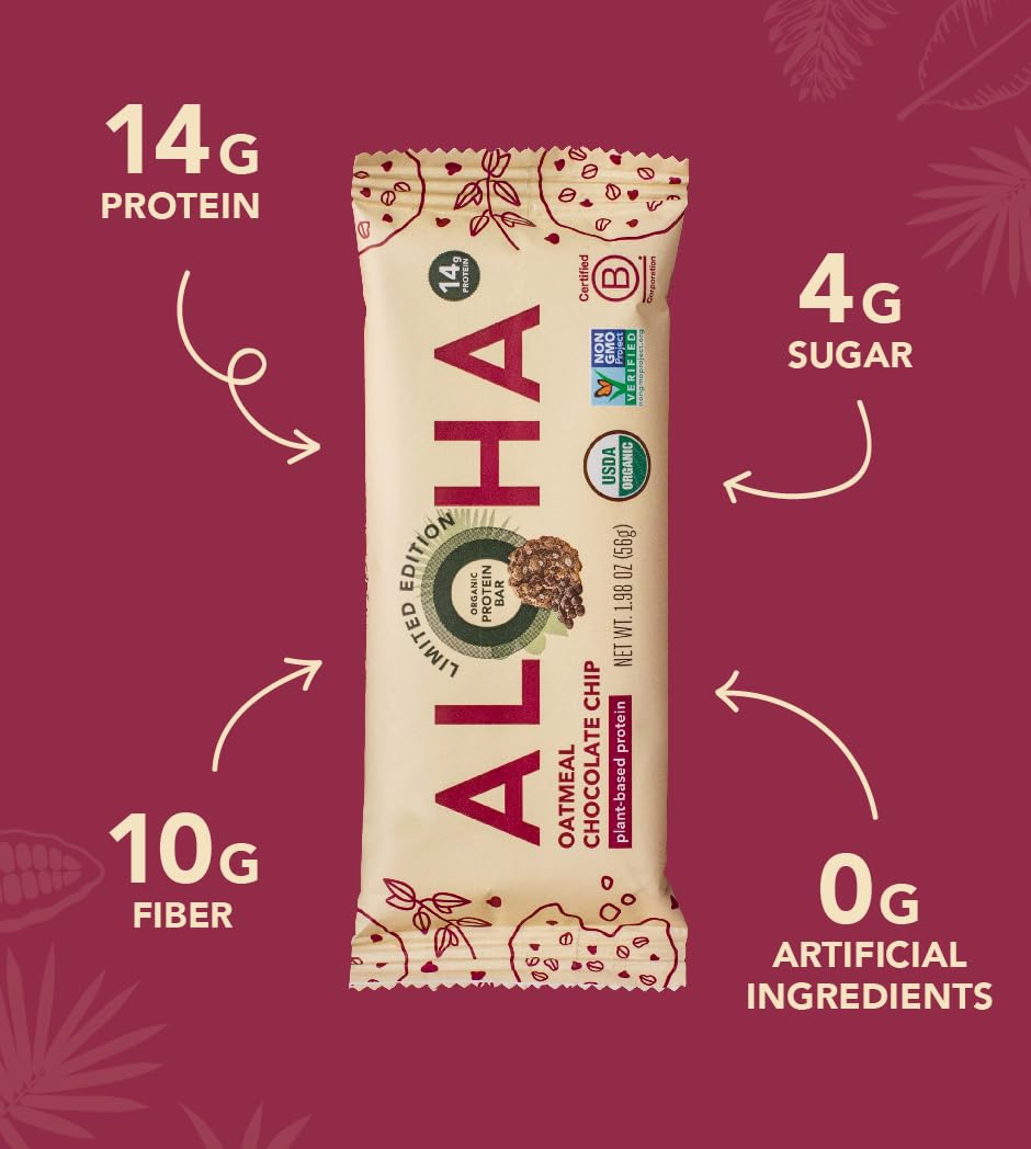 ALOHA Organic Plant Based Protein Bars - Oatmeal Chocolate Chip - 12 Count, 1.9oz Bars - Vegan Snacks, Low Sugar, Gluten-Free, Low Carb, Paleo