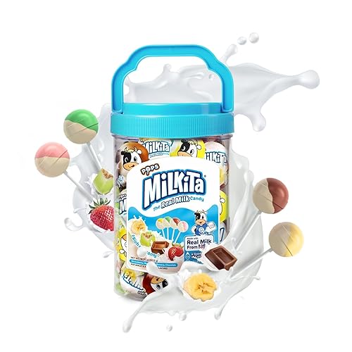 Milkita The Real Milk Candy Lollipop Jar - Low-Sugar, Assorted Healthy Sweets with Real Milk for Kids & Adults - Fat Free & Gluten Free Candy