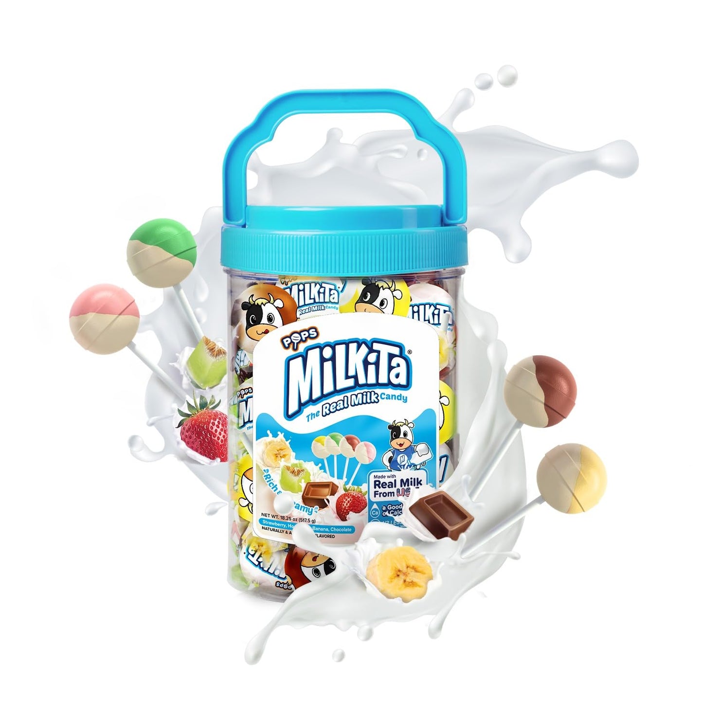 Milkita The Real Milk Candy Lollipop Jar - Low-Sugar, Assorted Healthy Sweets with Real Milk for Kids & Adults - Fat Free & Gluten Free Candy