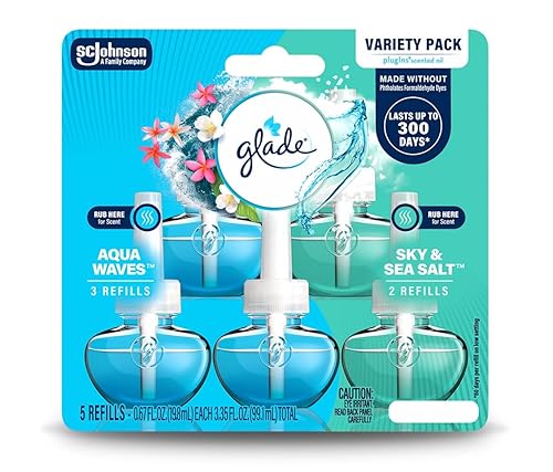Glade PlugIns Refills Air Freshener, Aqua Waves and Sky & Sea Salt, Scented and Essential Oils for Home and Bathroom, 0.67 Fl Oz, 5 Count