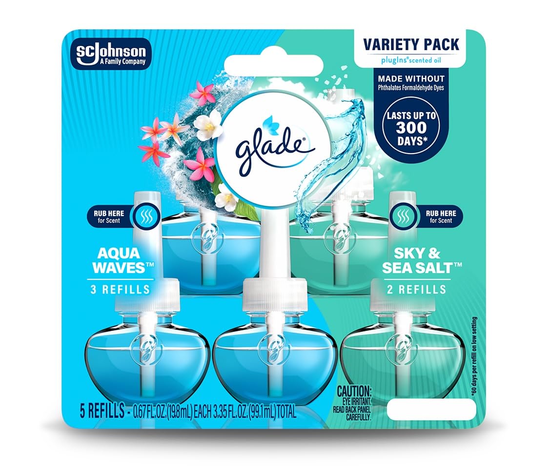 Glade PlugIns Refills Air Freshener, Aqua Waves and Sky & Sea Salt, Scented and Essential Oils for Home and Bathroom, 0.67 Fl Oz, 5 Count
