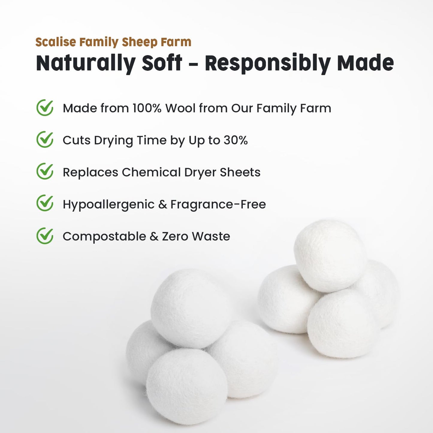 Scalise Family Sheep Farm Wool Dryer Ball by Scalise Family Sheep Farm - Reusable Dryer Balls Wool for Faster Drying & Less Static - Eco-Friendly