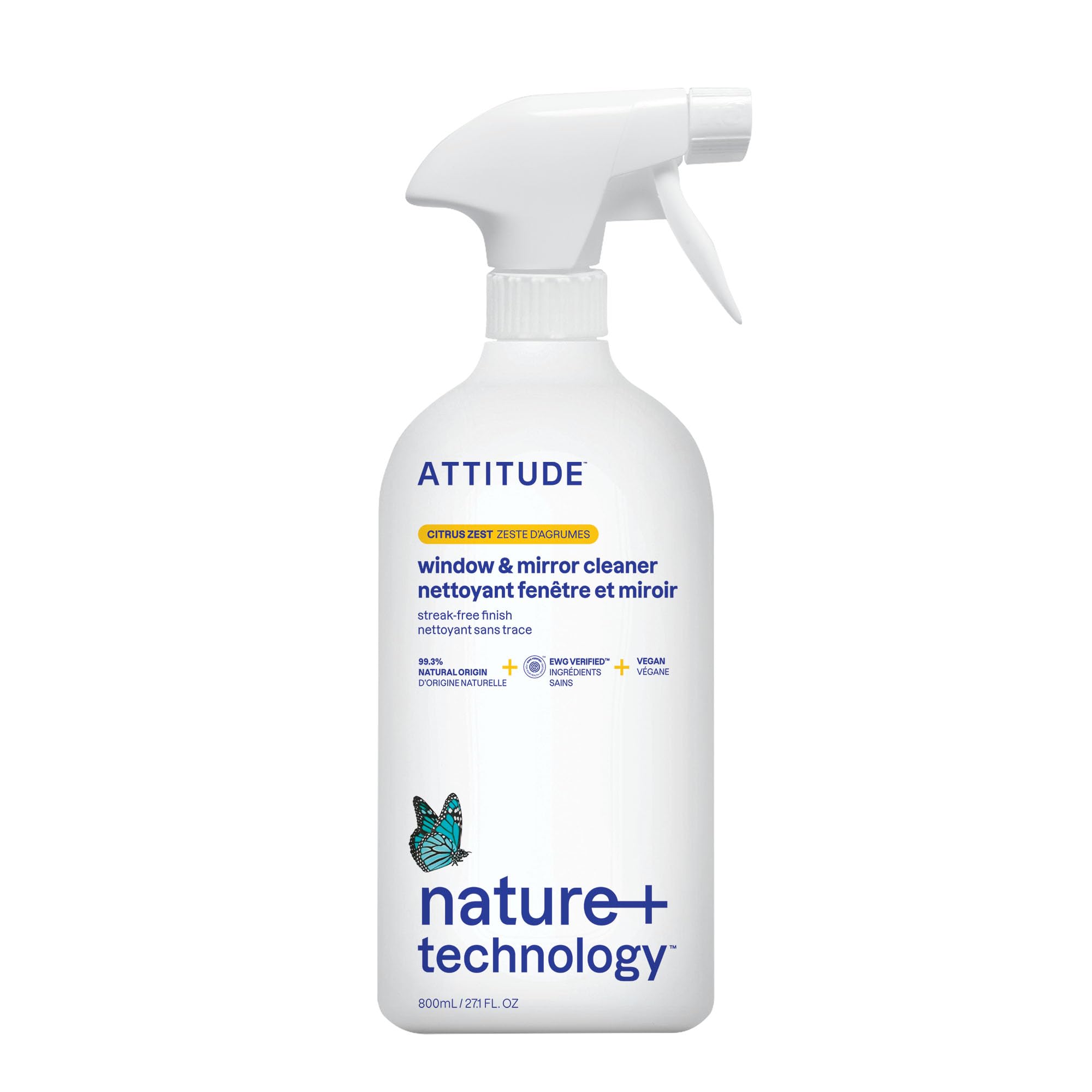 ATTITUDE Window and Mirror Cleaner, EWG Verified, Plant- and Mineral-Based Ingredients, Vegan and Cruelty-free Household Products, Citrus Zest, 27.1