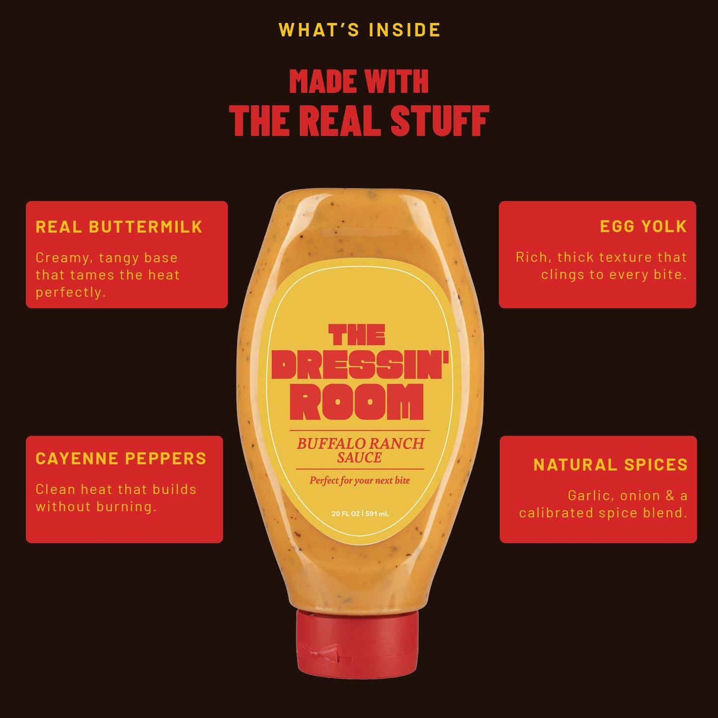 The Dressin' Room Buffalo Ranch Sauce - Spicy Creamy Ranch Dipping Sauce, Thick & Tangy, Perfect for Chicken, Fries & Pizza - Easy Squeeze Inverted