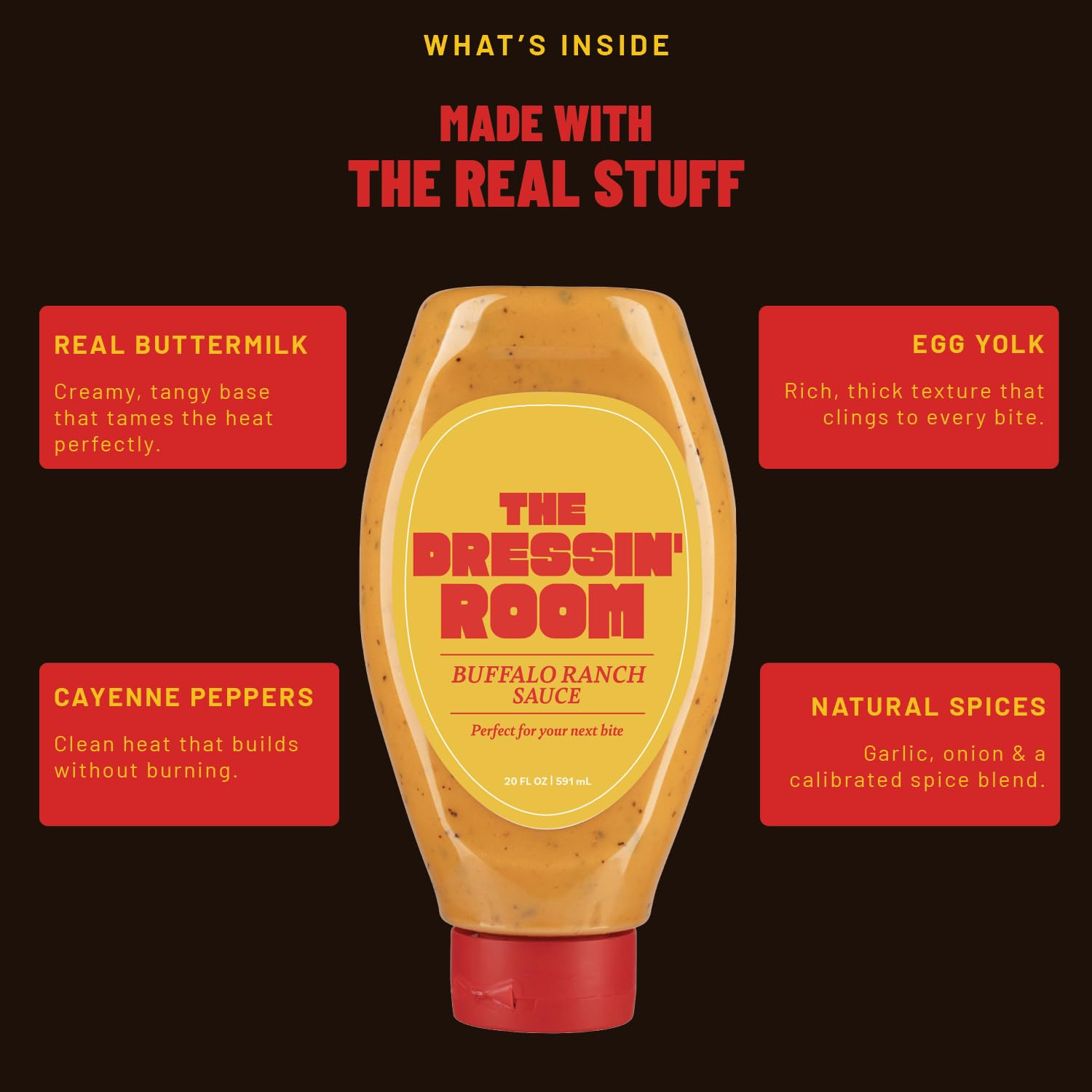 The Dressin' Room Buffalo Ranch Sauce - Spicy Creamy Ranch Dipping Sauce, Thick & Tangy, Perfect for Chicken, Fries & Pizza - Easy Squeeze Inverted