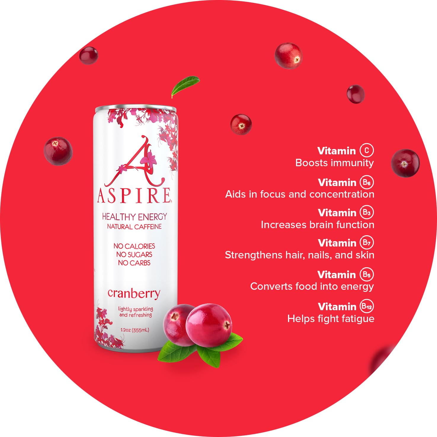 Aspire Cranberry, Healthy Energy Drink, Natural Caffeine from Green Tea, Keto-Friendly, Sugar-Free, Zero Calories, 12 fl oz Cans (Pack of 24)