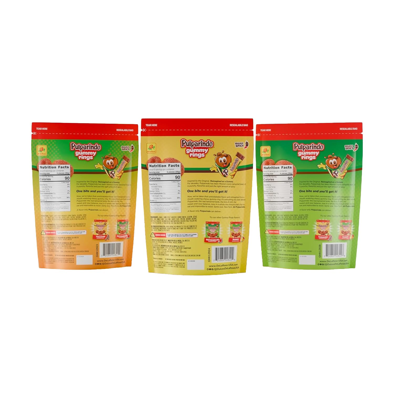 De la Rosa Pulparindo Gummy Rings Candy 9oz Bag (2 Pack) - Mildly Spicy Soft & Chewy Mexican Candy, Bite-Size Snack, Watermelon, Tamarind or Mango