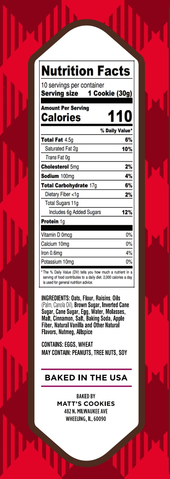 Matt's Bakery | Oatmeal Raisin Cookies | Soft-Baked, Non-GMO, All-Natural Ingredients; Single Pack of Cookies (10.5oz)