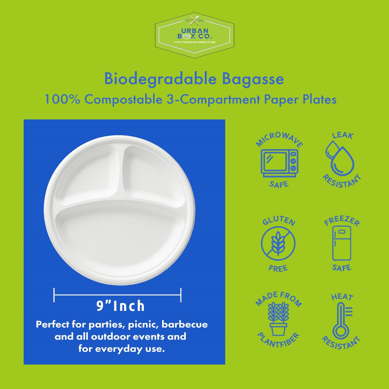 Urban Box Co. 9 Inch 3 Compartment Paper Plates - 150 Pack Heavy-Duty & Sturdy Sectional Compostable Dinner Plates, Perfect for Everyday Use