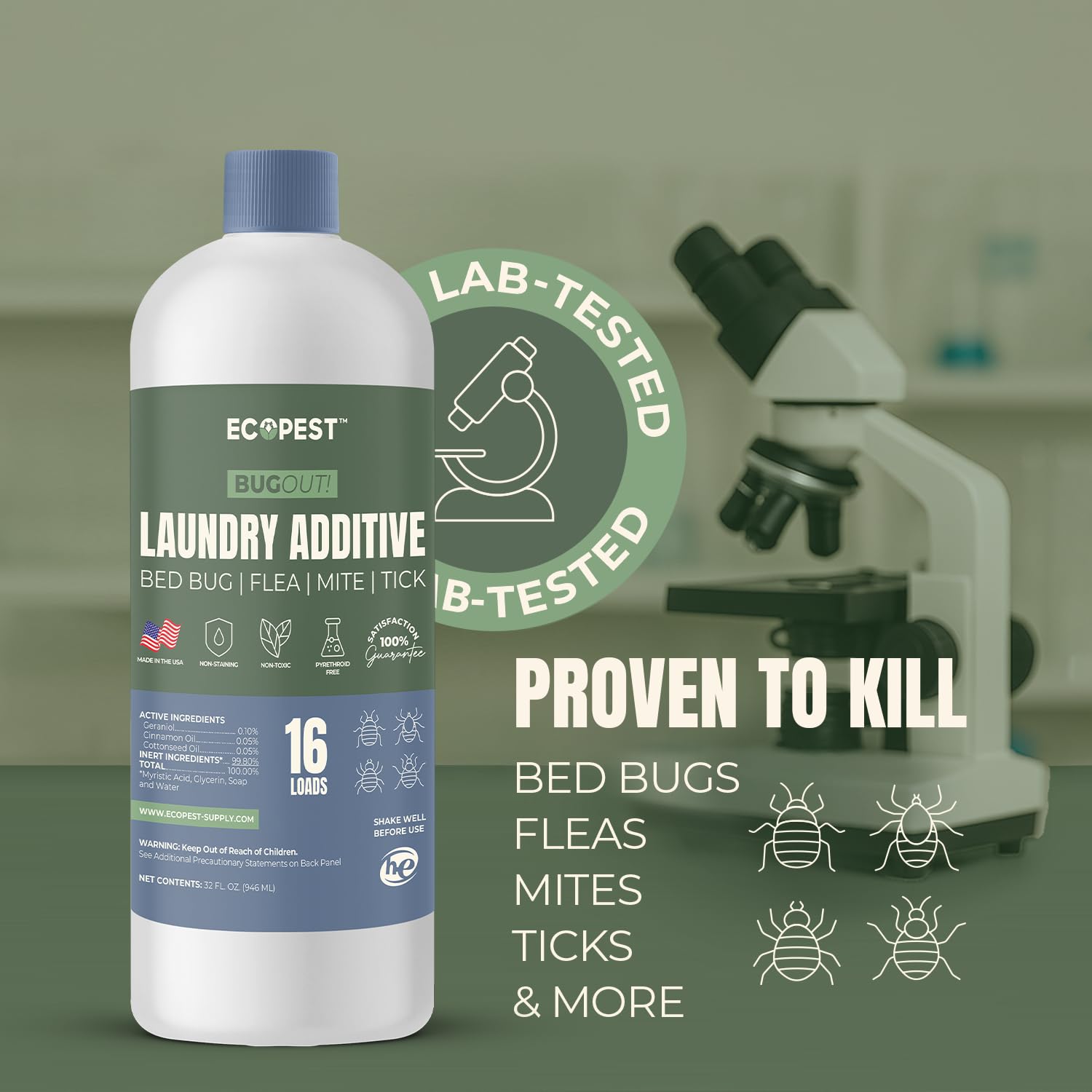 BugOut! Laundry Additive - Natural Detergent Booster for Bed Bug, Mite, Flea, Tick & Carpet Beetle Treatment | Plant-Based Killer, Made