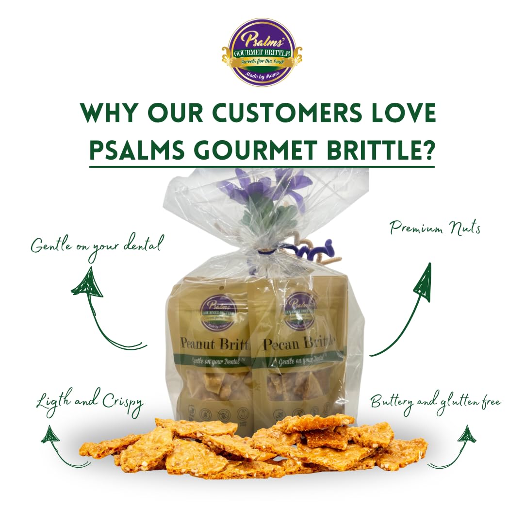 Psalms Brittle Fabulous Five Bundle | Pecan, Peanut and Mixed Nuts Brittle | Gluten Free, Light and Crispy, Teeth Friendly, Homemade Brittle