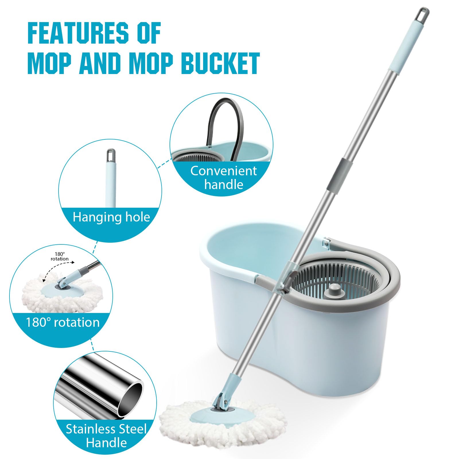 Spin Mop and Bucket with Wringer Set, 360° Spinning Mop Bucket System with 3 Microfiber Mop Replacement Heads and 50" Stainless Steel Adjustable