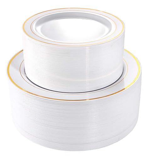 I00000 102 Pieces Gold Plastic Plates, Disposable Party Plates White Gold Rim, 51 Disposable Gold Dinner Plates 10.25 Inch and 51 Disposable Dessert