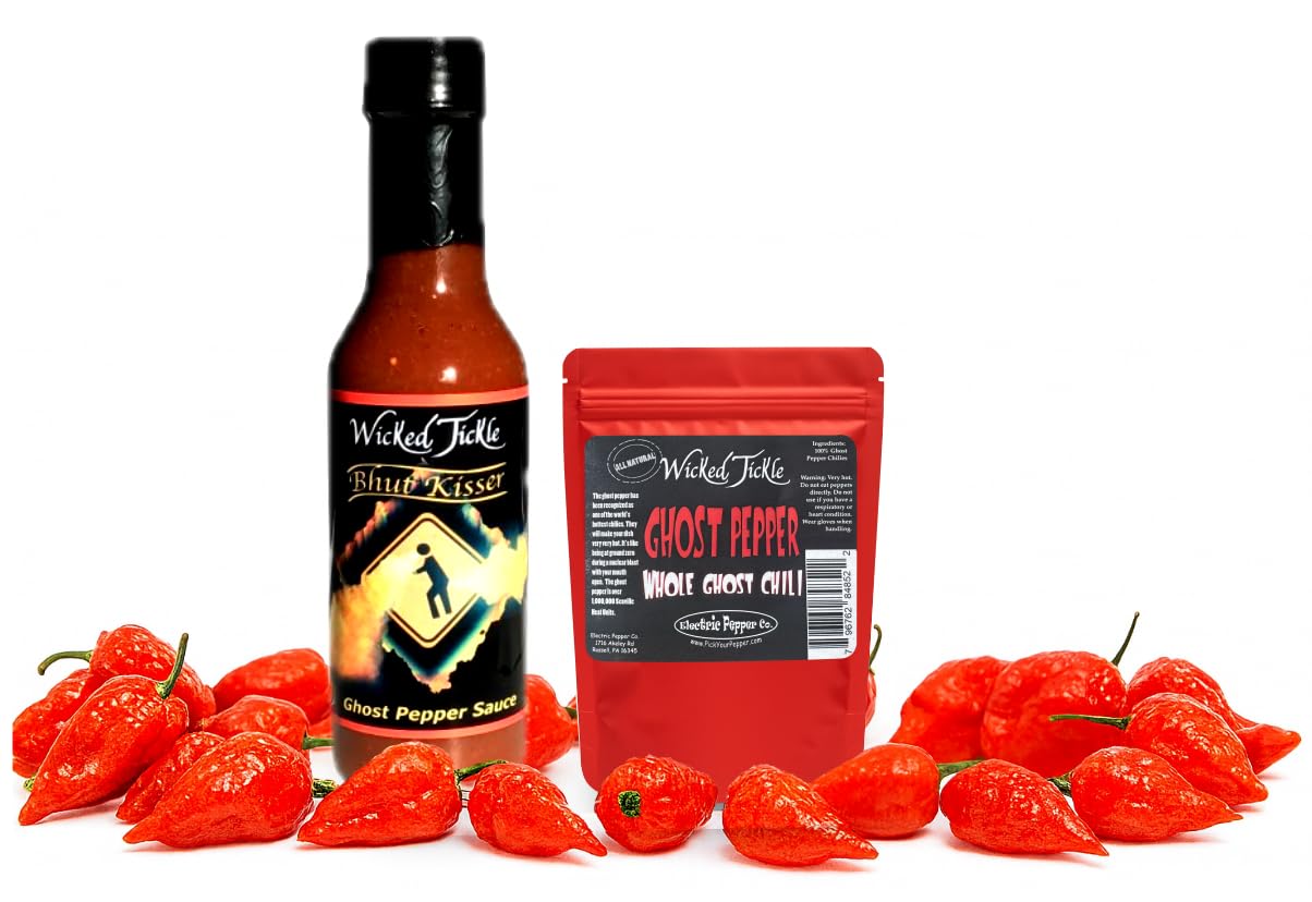 Wicked Tickle Bhut Kisser Hot Sauce + 7 Whole Ghost Peppers Gift Set