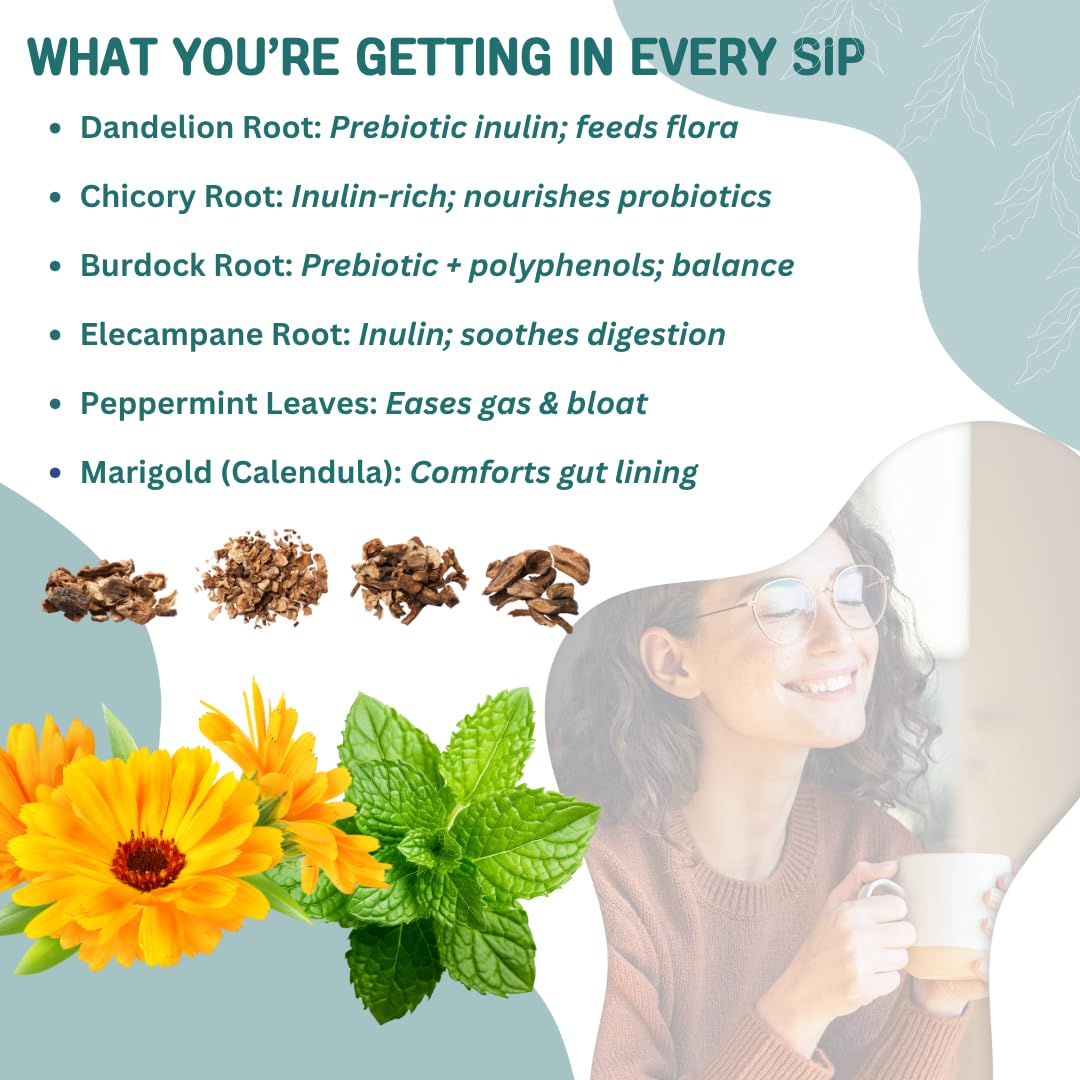 Probiotic Support Herbal Tea - Gut Balance & Digestive Comfort Blend | Dandelion, Chicory, Burdock, Elecampane & Peppermint | Caffeine-Free | + 35