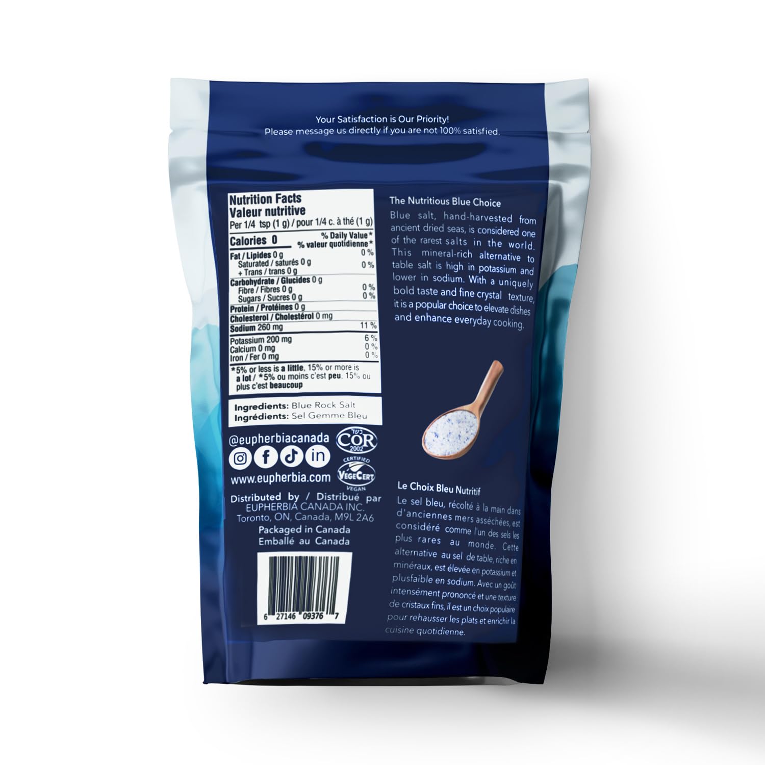 EUPHERBIA Blue Salt, Fine Grind, Rare Mineral Salt, High Potassium, Lower Sodium, Natural, Unprocessed, Hand Harvested, Kosher Certified (2lb Fine