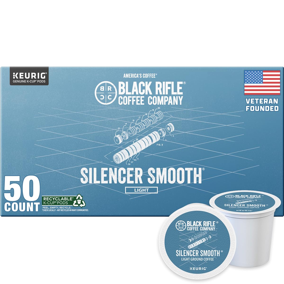 Black Rifle Coffee Company Silencer Smooth, 50 Count, Light Roast K Cups - Single Serve K Cups Coffee Pods - Kcup Pods Compatible with Keurig 1.0