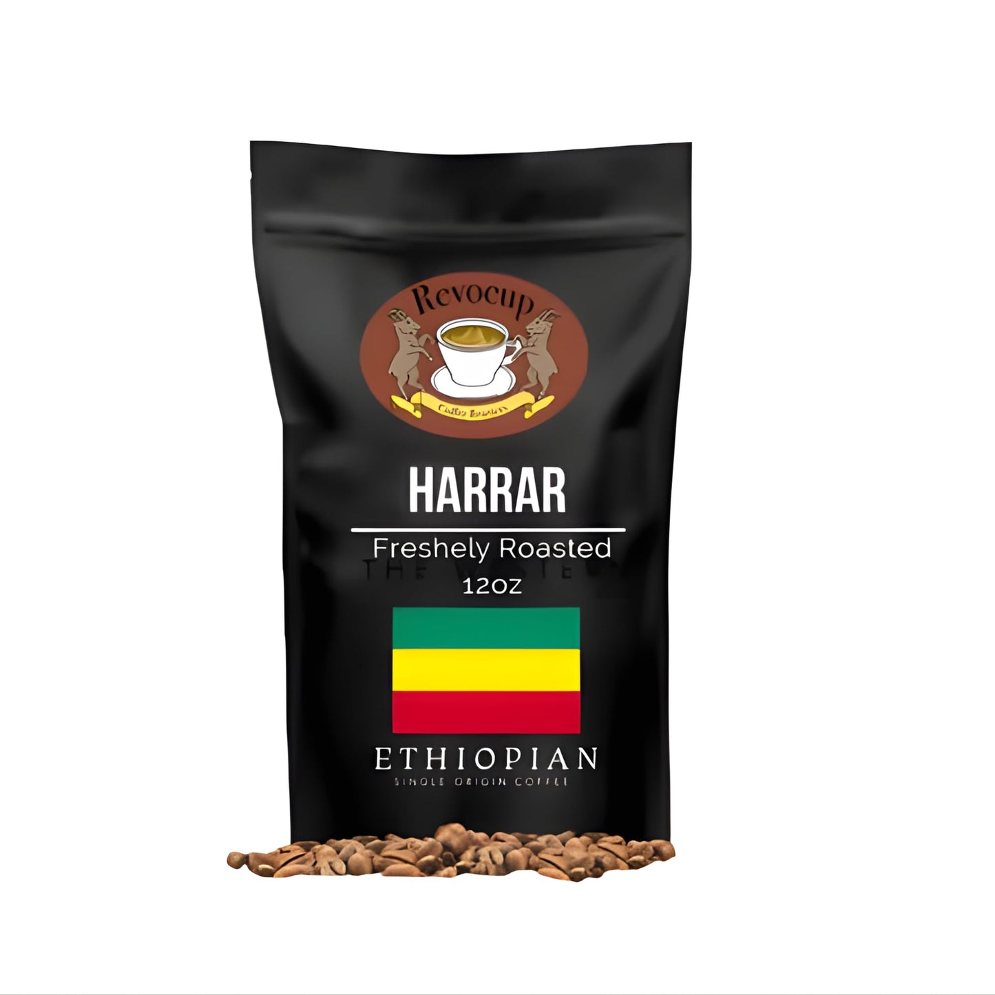 Revocup Ethiopian Harrar Whole Bean Coffee 12oz Single Origin, Natural Process, Specialty Grade Medium Roast, Mocha & Chocolate Flavors, USDA