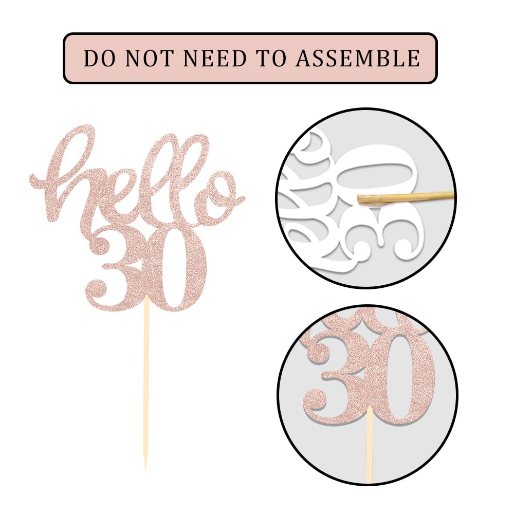 24 Pcs Rose Gold Glitter 30th Birthday Cupcake Toppers for 30th Anniversary Birthday Party Wedding Party Decorations