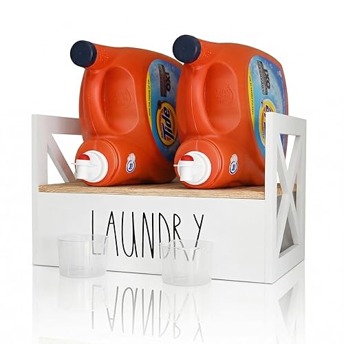 Detergent Holder for Laundry Room, Farmhouse Liquid Soap Dispenser, Detergent Storage Organization Stand with Drip Catcher Drip Tray Measuring Cup