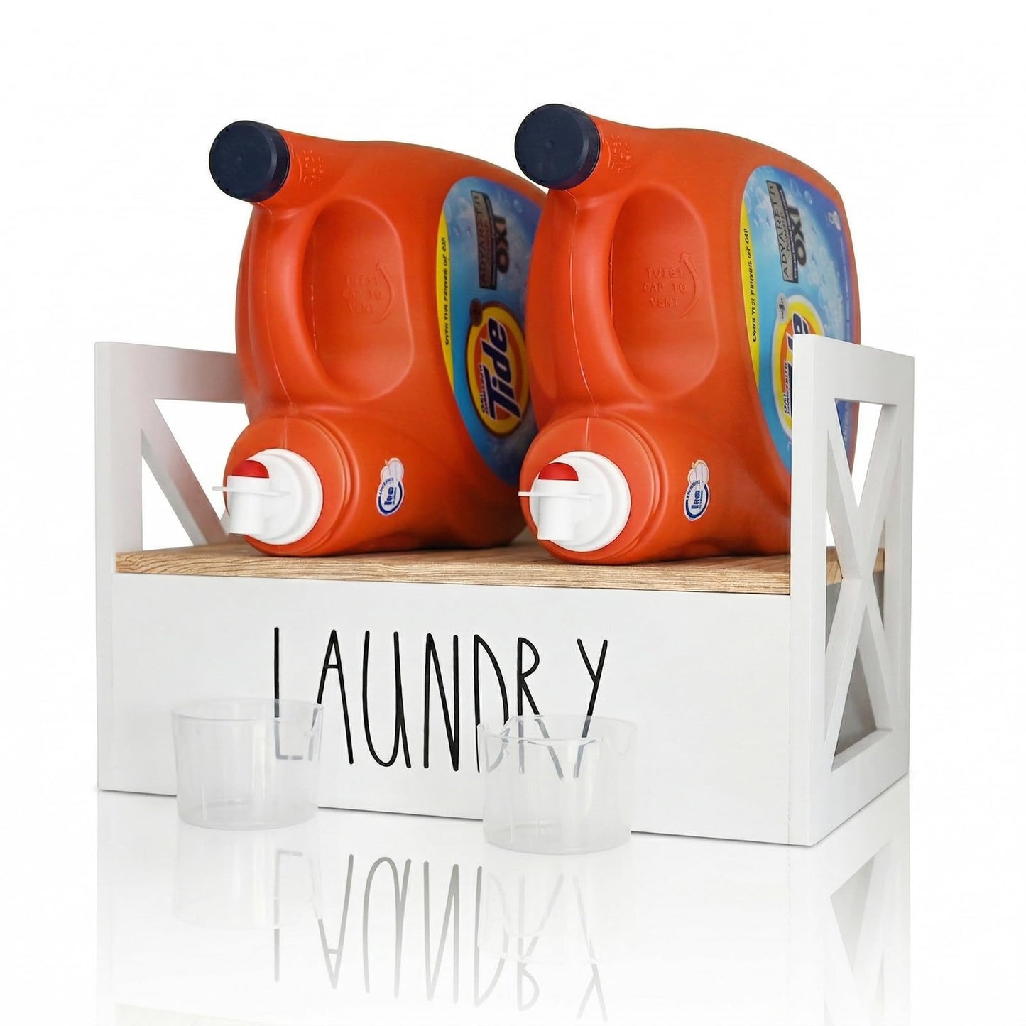Detergent Holder for Laundry Room, Farmhouse Liquid Soap Dispenser, Detergent Storage Organization Stand with Drip Catcher Drip Tray Measuring Cup