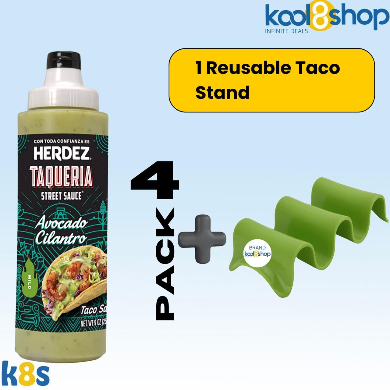 Herdez Taqueria Street Avocado Cilantro Sauce 9 oz Plastic Bottle 4 Pack + 1 Taco Stand by KOOL8SHOP Infinite Deals