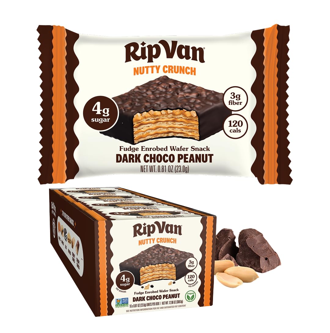 Rip Van Nutty Crunch Dark Chocolate Peanut Butter Wafer - Crispy Wafer Snack, Low Sugar, 120 Calories, Individually Wrapped - 16 Count