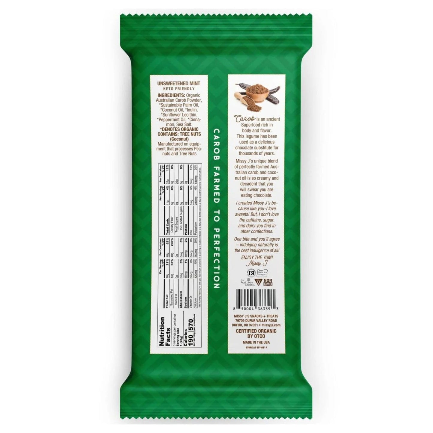 Missy J's Organic Carob Dark Delights Unsweetened Mint Candy Bar 3 Oz 6 Pack | Keto, Vegan and Gluten-Free | Healthy Caffeine Free Substitute