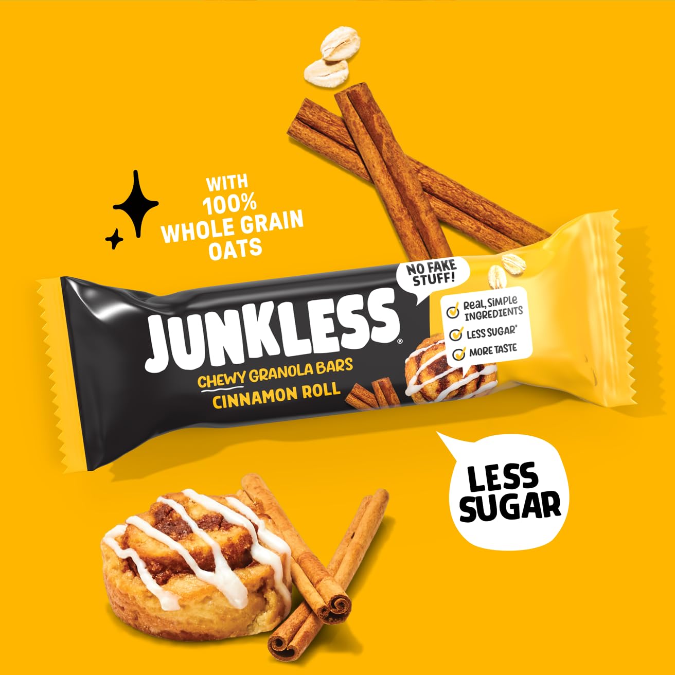JUNKLESS Chewy Granola Bars Twin Pack - Chocolate Chip & Cinnamon Roll (12 Bars)-Less Sugar, Non-GMO, Gluten-Free, Wholesome Snack Bars for Kids